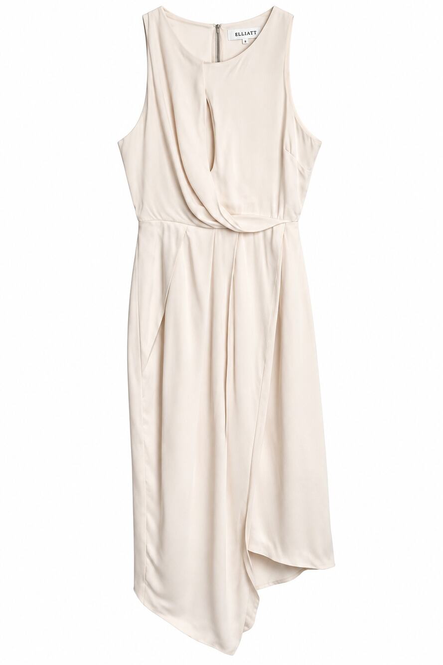 ELLIATT NWT Ascent Dress Beige Ivory Satin Draped Asymmetrical Cocktail S